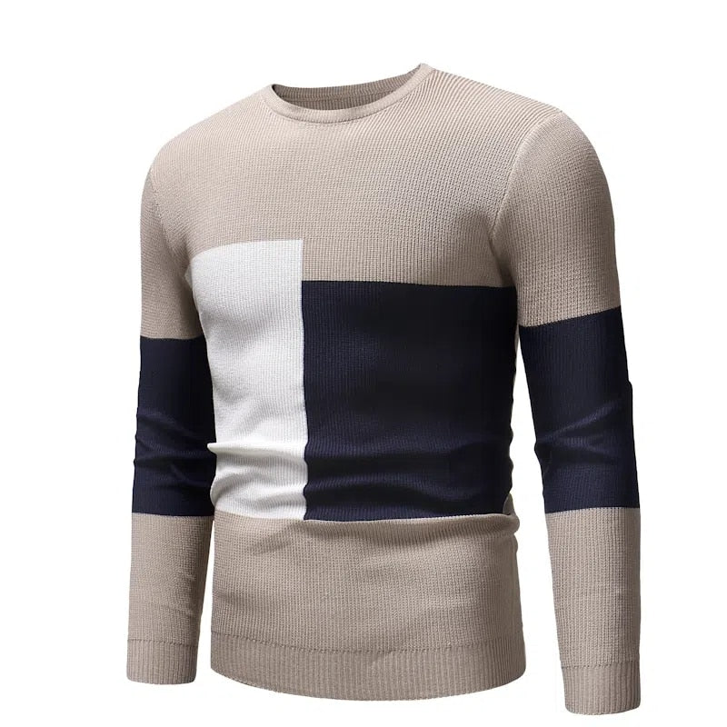 Mens Knitted Pullovers Contrast Color Stitching Slim Round Neck Sweater Fashion Casual Base Kintwear Male Clothing Autumn/Winter