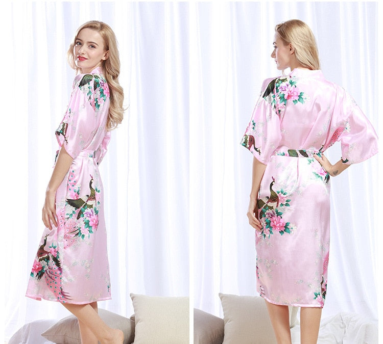 Womens Silk Satin Kimono Robes Long Sleepwear Dressing Gown Floral Peacock Printed Pattern Party Wedding Bridesmaid Bathrobe