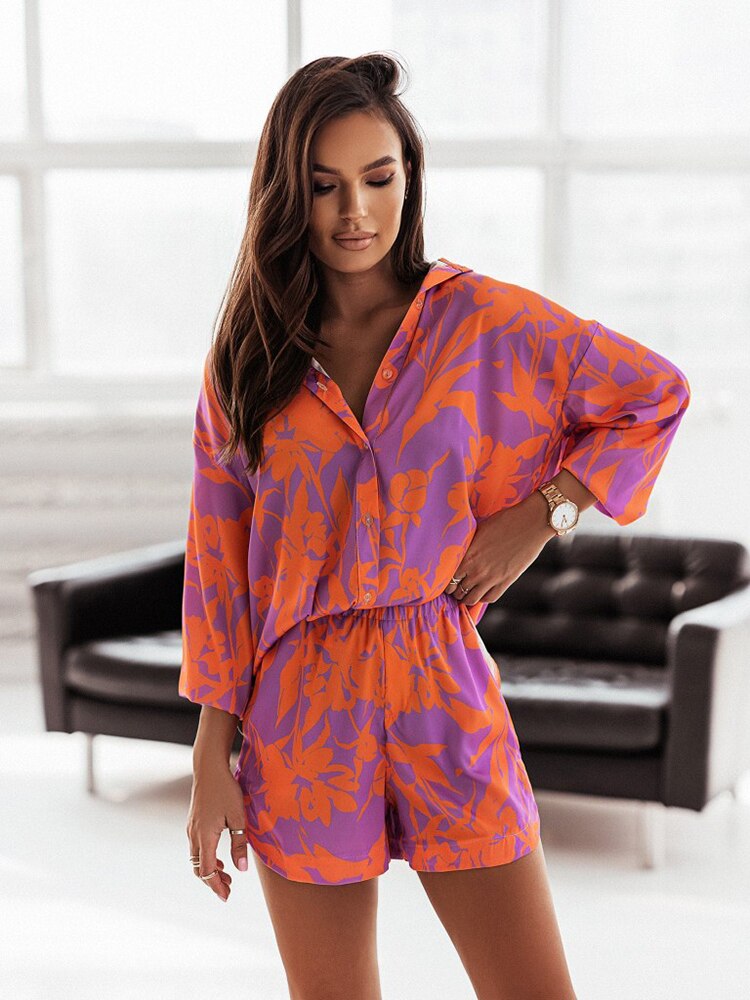 Fashion Casual Vacation set for women autumn Print Bohemian Beach Loose Long Sleeve Suit button Shirt shorts 2 Piece Sets woman