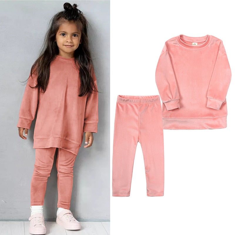 2023 Spring Kids Girl Velvet Suit Long Sleeve Pants Solid Clothes For Infant Toddler Boy Pullover Sweatshirt Set Teenage Outfits