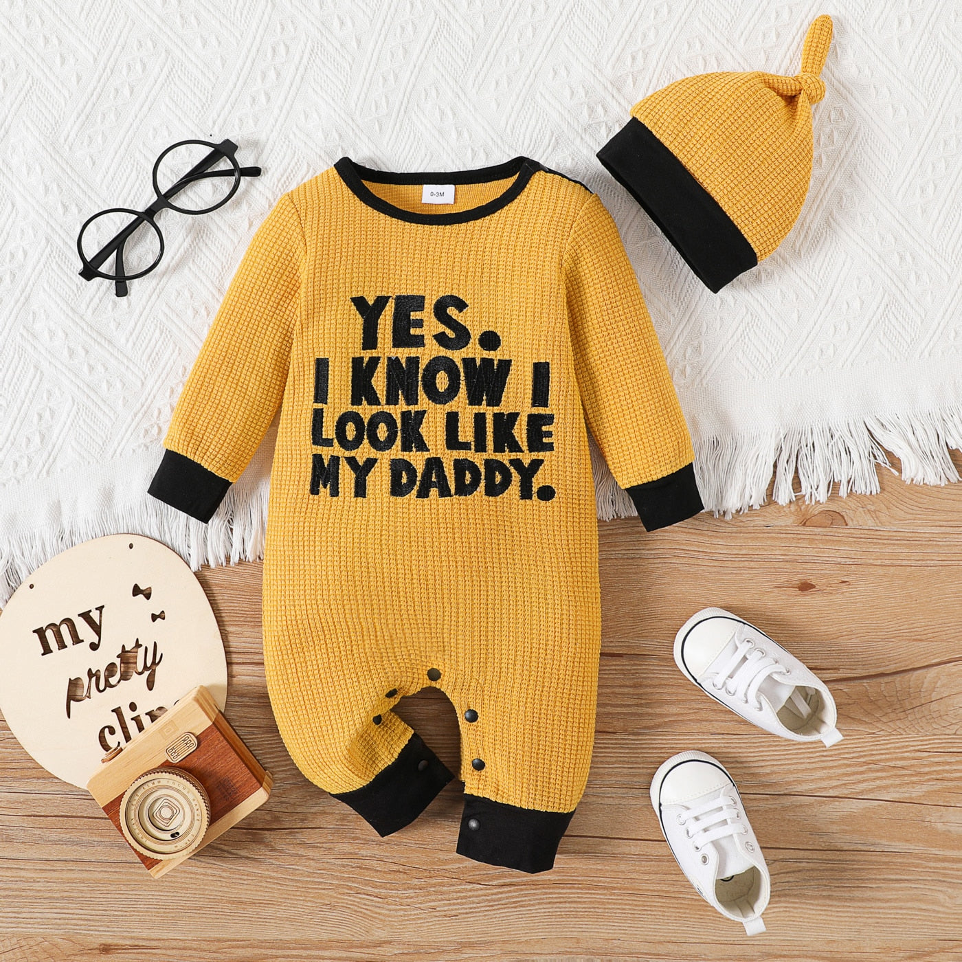 PatPat 2pcs Baby Boy/Girl Letter Embroidered Long-sleeve Knitted Jumpsuit with Hat Set