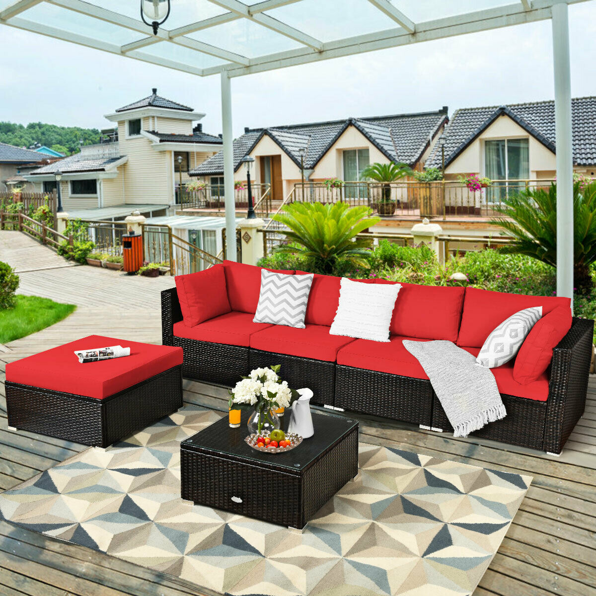 6 PCS Outdoor Patio Sofa Set All Weather Rattan Sectional Sofa Couch with Coffee Table for Garden Backyard Red Cushion