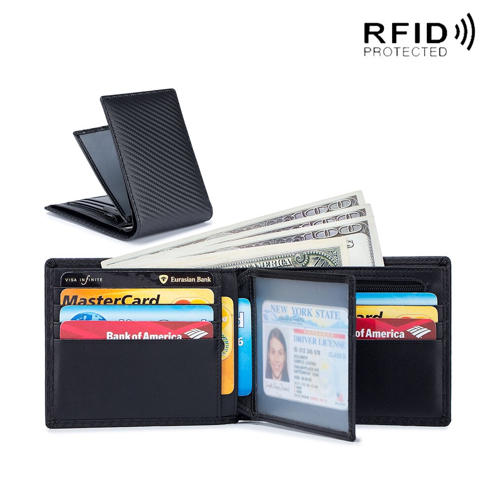 Men Pocket Wallet Rfid Anti-thief Short Wallets Genuine Leather Coin Purse Cash ID Cards Holder Card Organizer Black