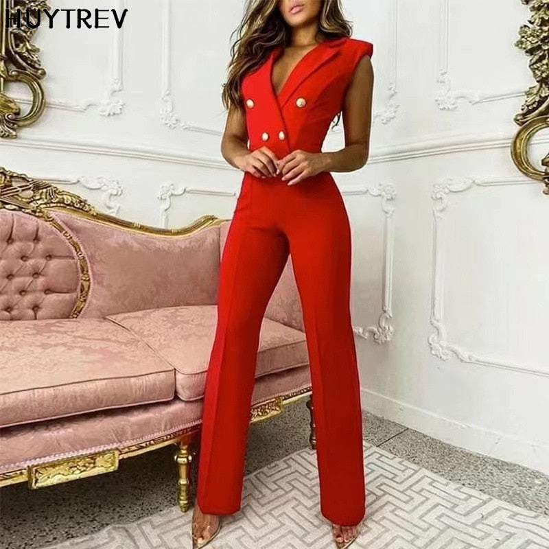 2022 Summer Red Jumpsuits Women Elegant Office Ladies Button Rompers Fashion Houndstooth Print Casual Wide Leg Pants Playsuits