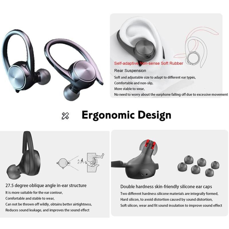Sports TWS Bluetooth Earphone HiFi Stereo Music Wireless Headphone Ear Hook Earbuds with Microphone Waterproof Gaming Headset