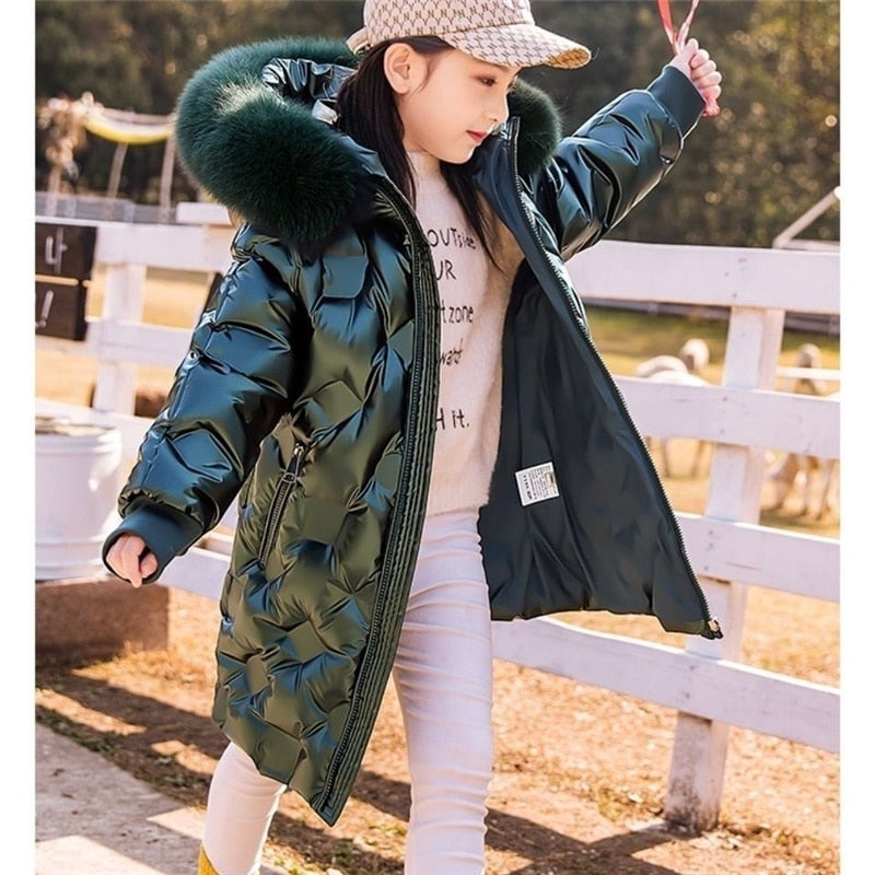 2022 Girls Parka Long Coats Winter Waterproof Fur Collar Hooded Jackets Big Kids Thick Warm Cotton Outerwear Teenage Snowsuit