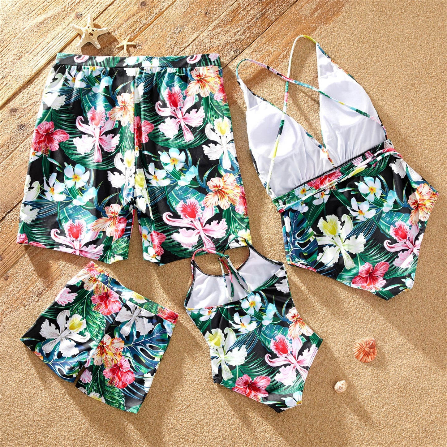 PatPat Family Matching Allover Floral Print Swim Trunks Shorts and Spaghetti Strap One-Piece Swimsuit