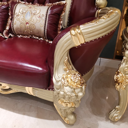 Leather Sofa 123 Combination with Coffee Side Table Living Room Luxury Solid Carved High-end Champagne Gold Sofas European-style