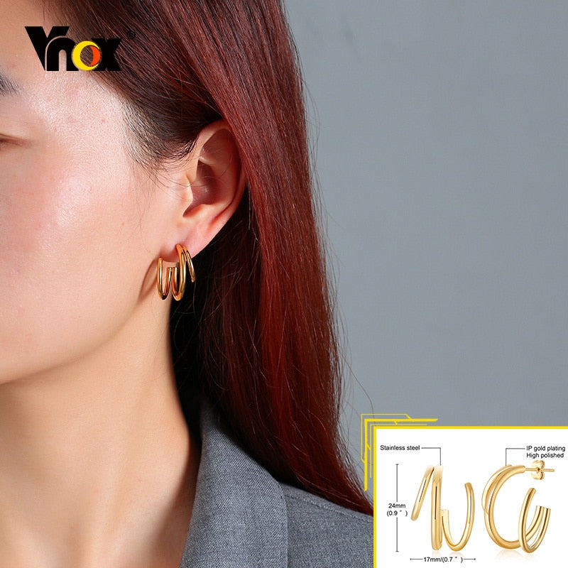 Vnox Minimalist Metal Hoop Earrings for Women, Gold Color Stainless Steel Chic Lady Girl Circle Earrings, Vintage Party Jewelry