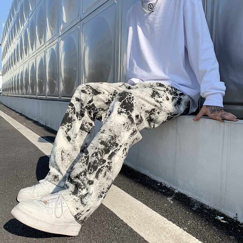 Straight Leg Jeans Printed Jean Mens Fashion Mopping Trousers Korean Style Hip Hop Fancy Jeans Men&#39;s Pants Man Baggy Male Long