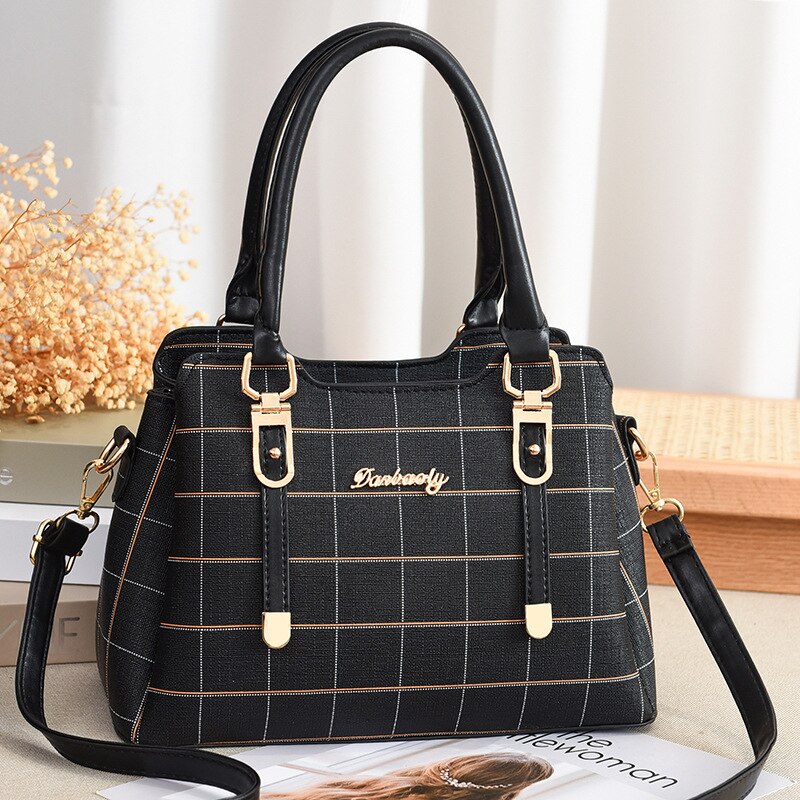 TRAVEASY 2022 PU Leather Plaid Patchwork Female Shoulder Bag Casual Zipper Large Capacity Top-Handle Bag for Women Crossbody Bag