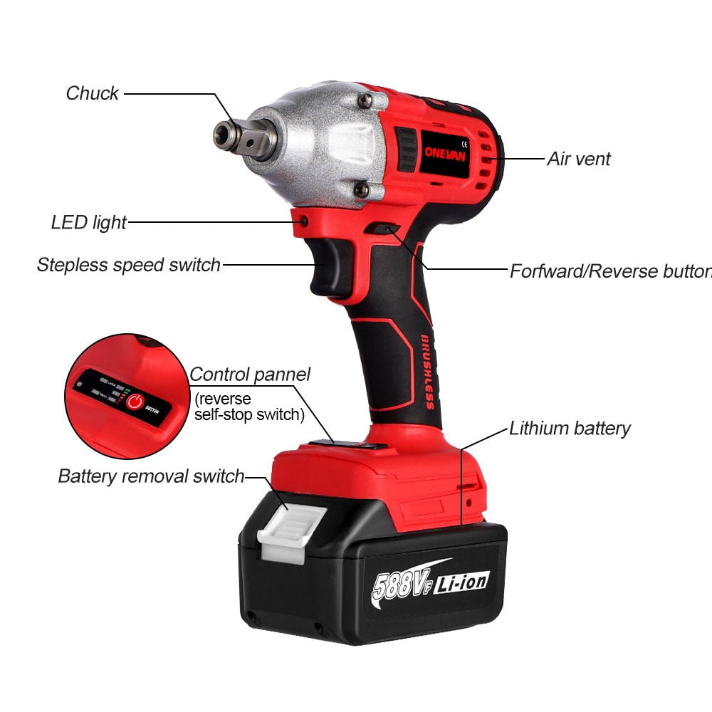 ONEVAN 588N.M Brushless Electric Impact Wrench 1/2inch Cordless Electirc Wrench w/22900mah Li-ion Battery For Makita 18v Battery