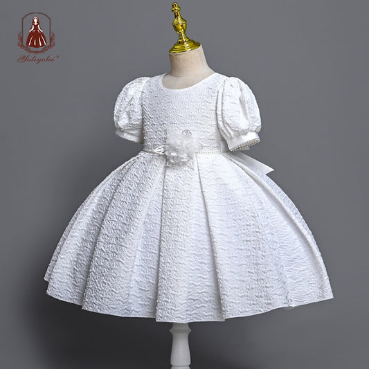 Yoliyolei Pure White Dress for girls Puff Sleeves Ball Gown Elegant Fabric o-neck children clothes girl with Pearls Decoration