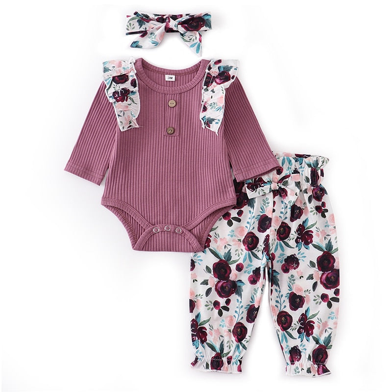 Autumn Baby Girl Clothes Sets Fashion Toddler Outfits Long Sleeve Tops Flower Pants Headband Cute 3Pcs Newborn Infant Clothing