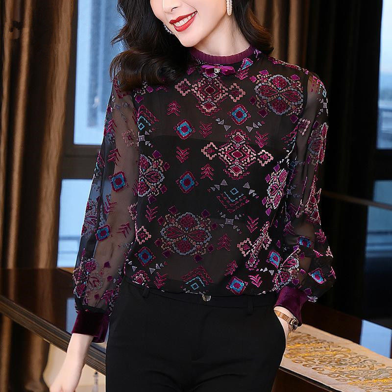 Fuchsia Colour Gauze Long Sleeve Spliced Three-dimensional Geometric Fashion Print Loose Silk Satin Bow Round Neck Blouse Ladies