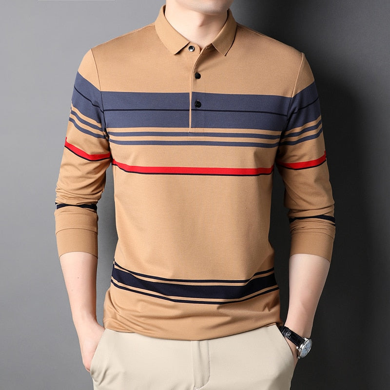 Top Grade New Fashion Designer Brand Simple Mens Polo Shirt Trendy With Long Sleave Stripped Casual Tops Men Clothes