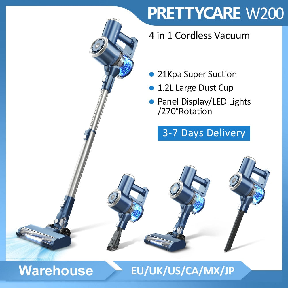 PRETTYCARE W200 Cordless Vacuum Cleaner with LED Display 21kPa Suction,1.2L Dust Cup Cleanering for Hard Floor Handheld Vacuum