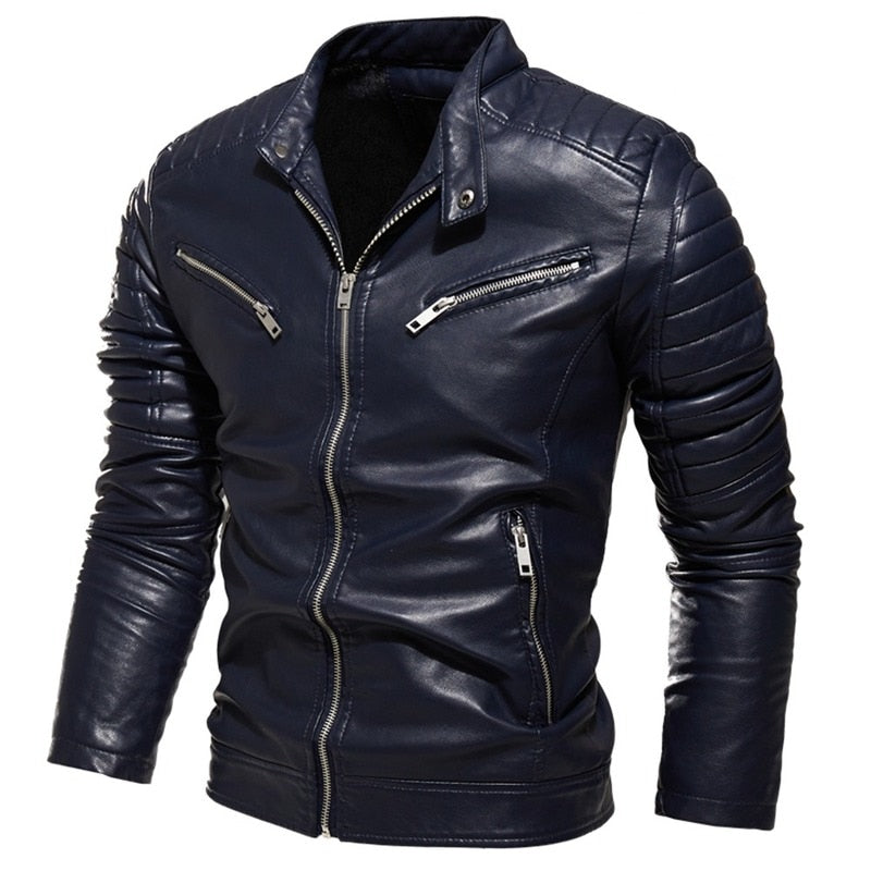 Mens Winter Jacket Lapel Black Leather Motorcycle Jacket Men Biker Coats Pleated Design Smart Jacket Men Warm Fur Lined Slim Fit