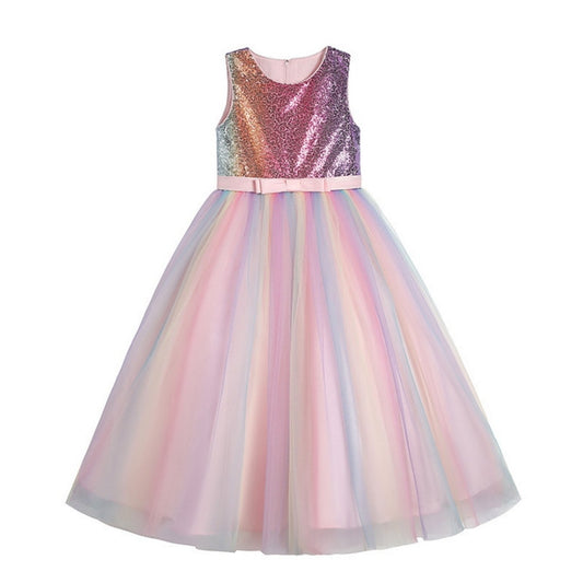 2022 New Summer Party Dress Girl Sleeveless Pink Patchwork Sequined Rainbow Dresses Piano Host Birthday Wedding Flower E1802