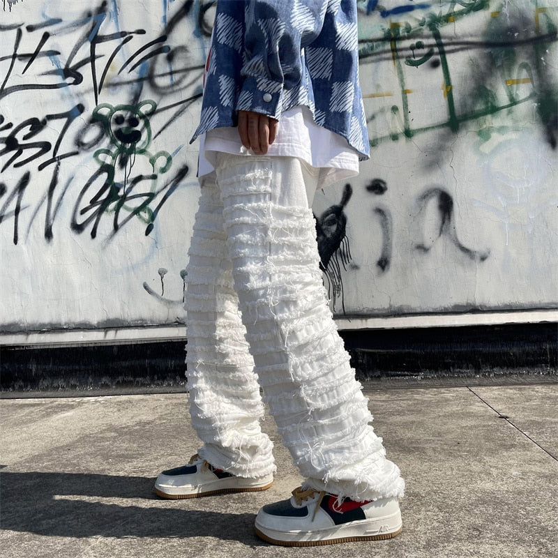 American Street Hip-hop Heavy Industry Ripped Men&#39;s Jeans 2023 Spring  Straight Loose Vibe Style Skateboard White Flared Pants