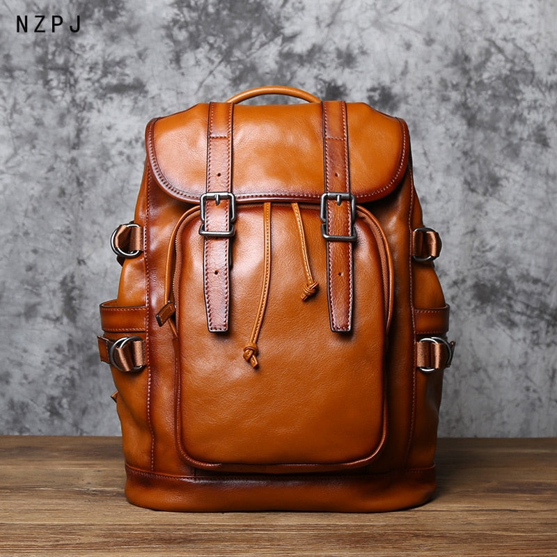 NZP Retro Leather Men&#39;s Backpack European and American Fashion Travel Bag Top Layer Cowhide Casual School Bag Laptop Bag