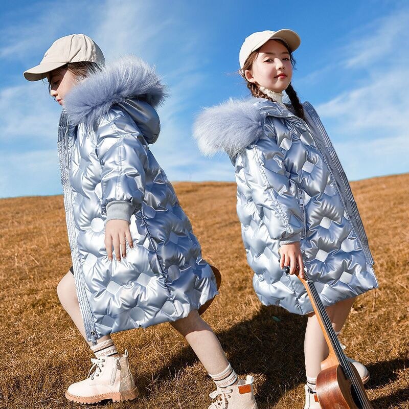 2022 Girls Thick Long Coats Winter Waterproof Fur Collar Hooded Jackets Big Kids Cotton Warm Outerwear Teenage Parka Snowsuit