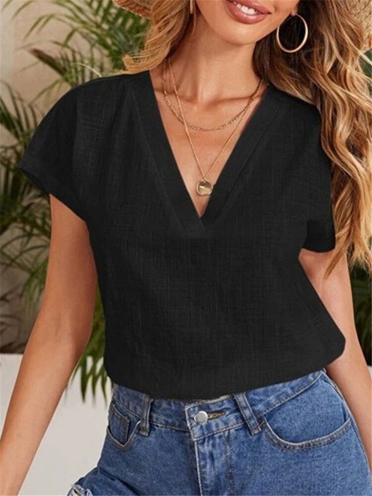 Women&#39;s Cotton Linen Blouse Fashion Summer V Neck Short Sleeve Shirts Solid Color Blouses Casual Office Loose Tops Blusas Mujer