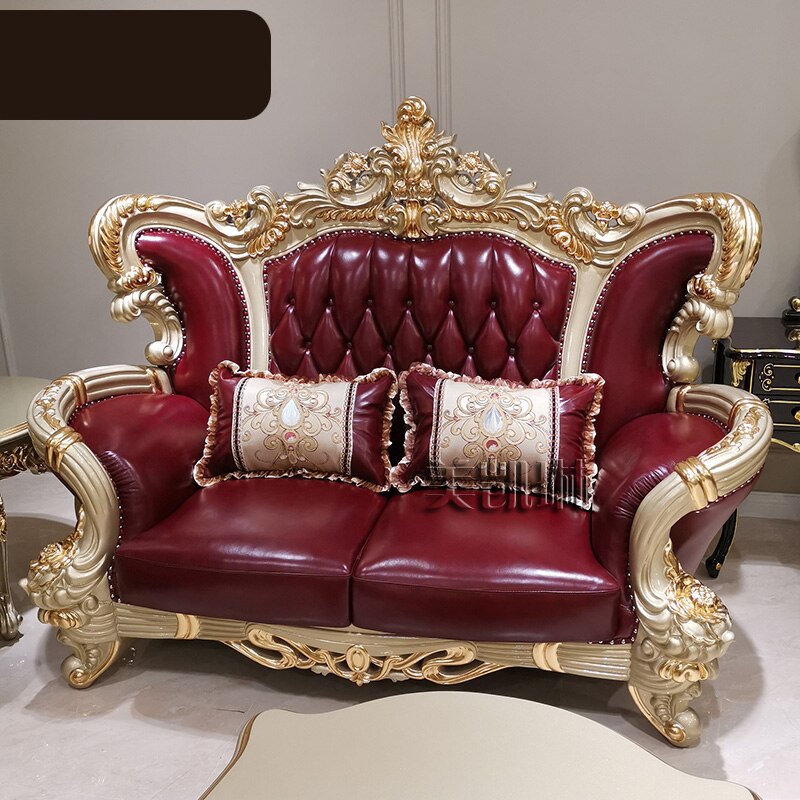 Leather Sofa 123 Combination with Coffee Side Table Living Room Luxury Solid Carved High-end Champagne Gold Sofas European-style