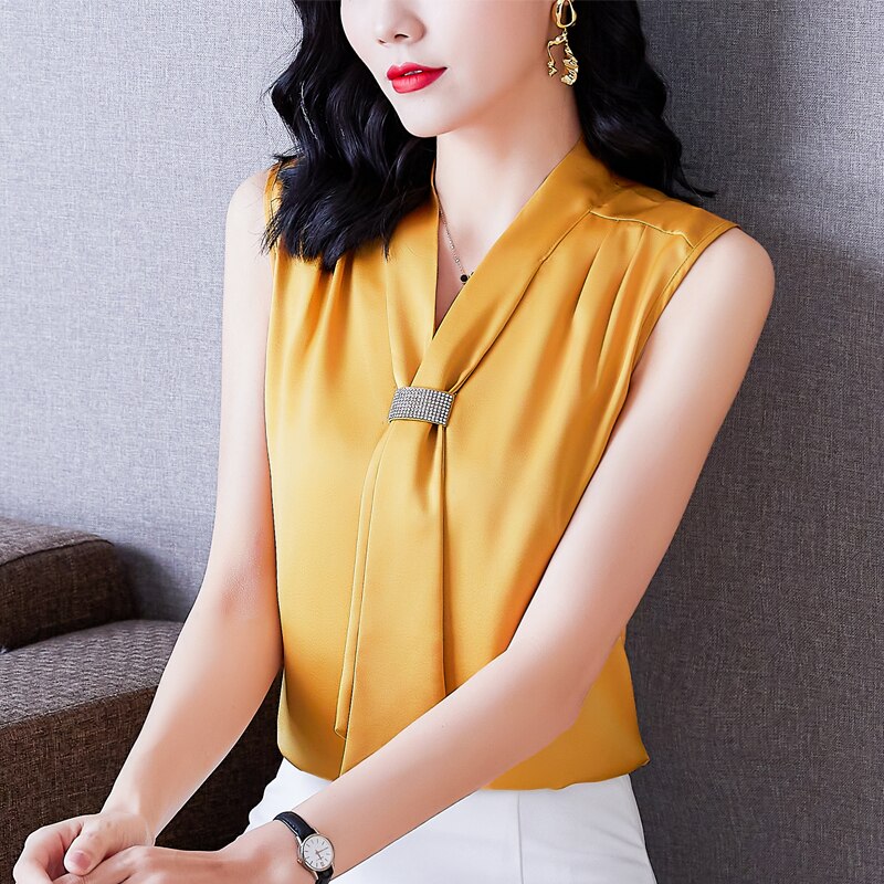 2022 Fashion Summer Satin Blouse V-Neck Sleeveless Womens Tops and Blouses Diamonds OL Women Clothing Chiffon Solid Ladies Tops