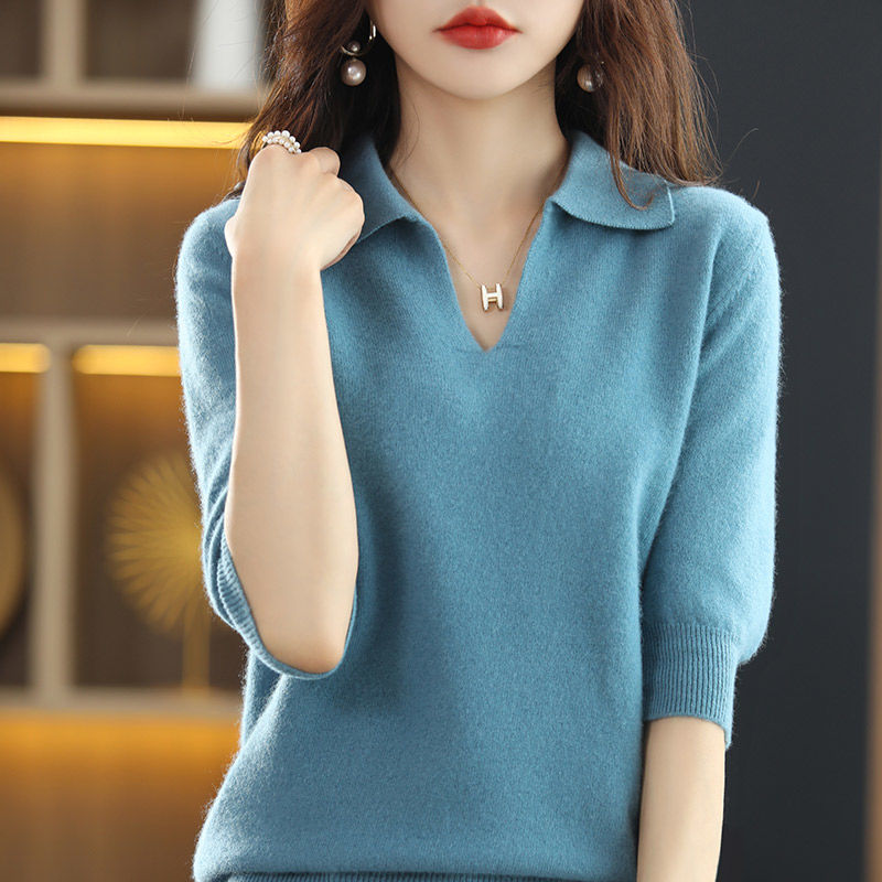 Fashion V-Neck Solid Color Pullovers Sweater Women&#39;s Clothing 2022 New Half Sleeve Casual Tops Loose Office Lady Knitted Basic