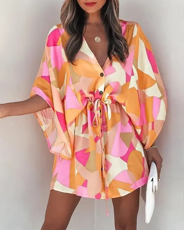 Casual Boho Beach Vacation Mini Dress Women Summer Print Lace Up Button Batwing Sleeve Dresses For Women&#39;s Loose  Female Robe