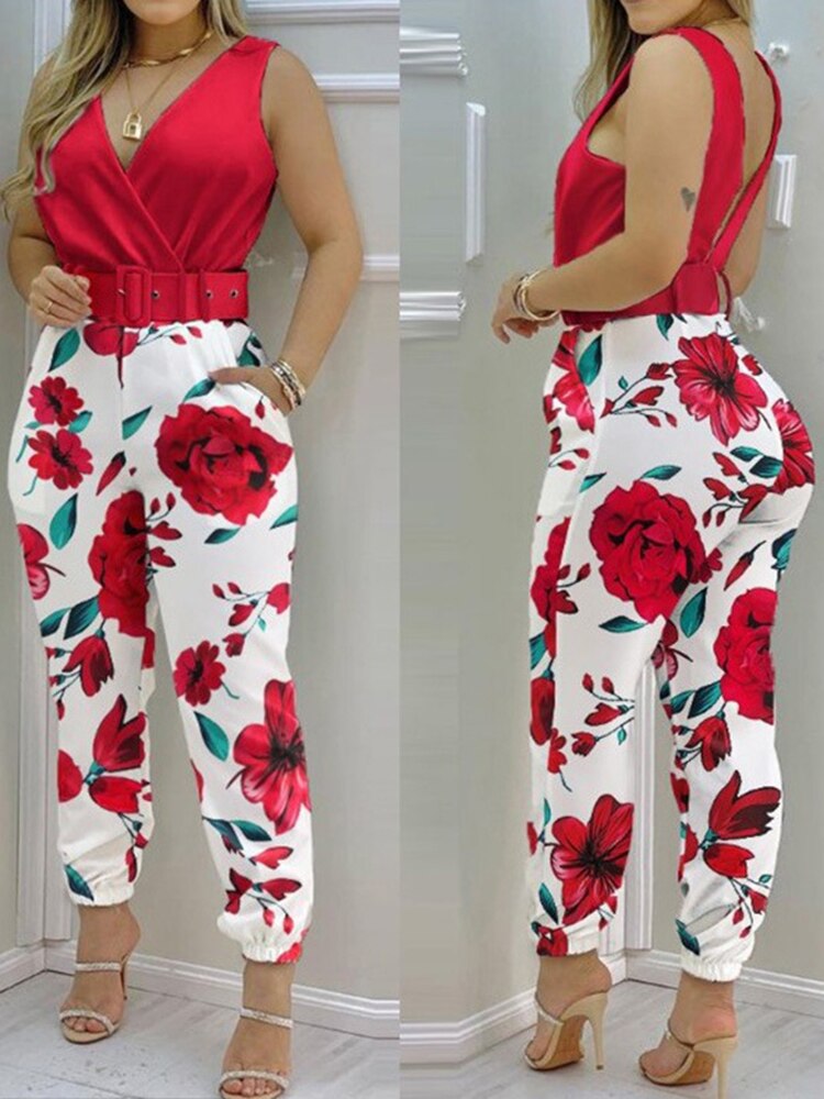 Summer Jumpsuit Women Sexy V Neck Sleeveless Fashion Print Belt Long Pants Rompers For Women Elegant Office Ladies Jumpsuits