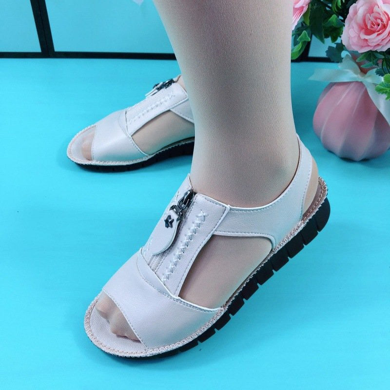 Women Sandals Zipper Flat Soft Pu Leather Sole Comfy Sandalias Summer Casual Mother Shoes Solid Color Plus Size Chaussure Femme