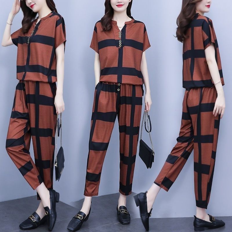 Women's Casual Suit 2023 Spring Summer New Fashion Loose Korean Plus Size Clothing Short Sleeve Tops Harun Pants 2 Two Piece Set