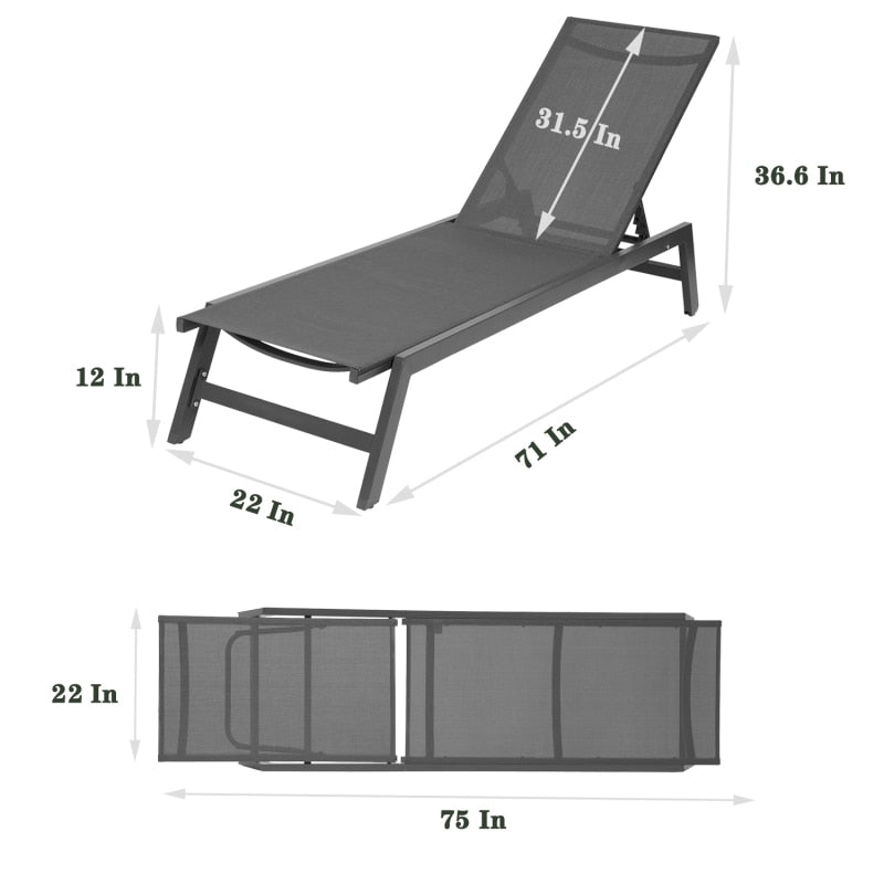 2 Pcs 62/75 in Outdoor Chaise Lounge Chair Sets, Five-Position Adjustable Aluminum Recliner, All Weather for Patio,Beach,Yard