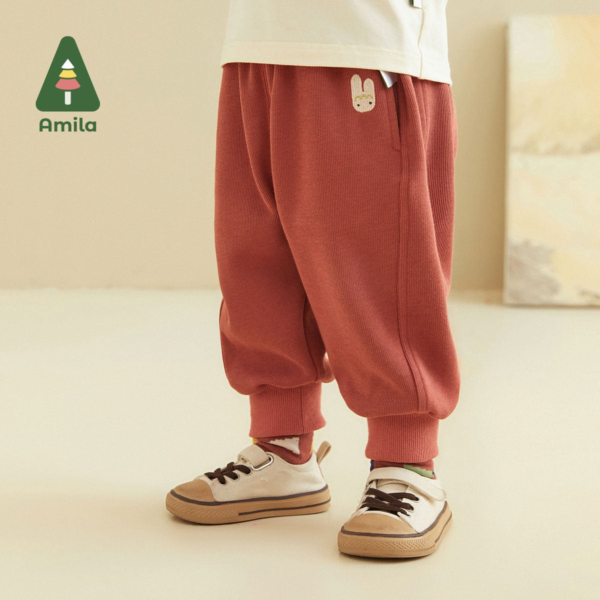 Amila Baby Pants 2022 Autumn New Solid Color Cotton Boys and Girls Trousers Cute Cartoon Casual Children Clothes Fashion