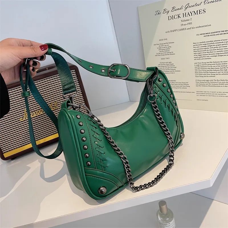 Xiuya Gothic Bag Vintage 2022 Fashion Moto Biker Shoulder Bag Rock Style Metal Chain Pu Leather Casual Handbags for Women