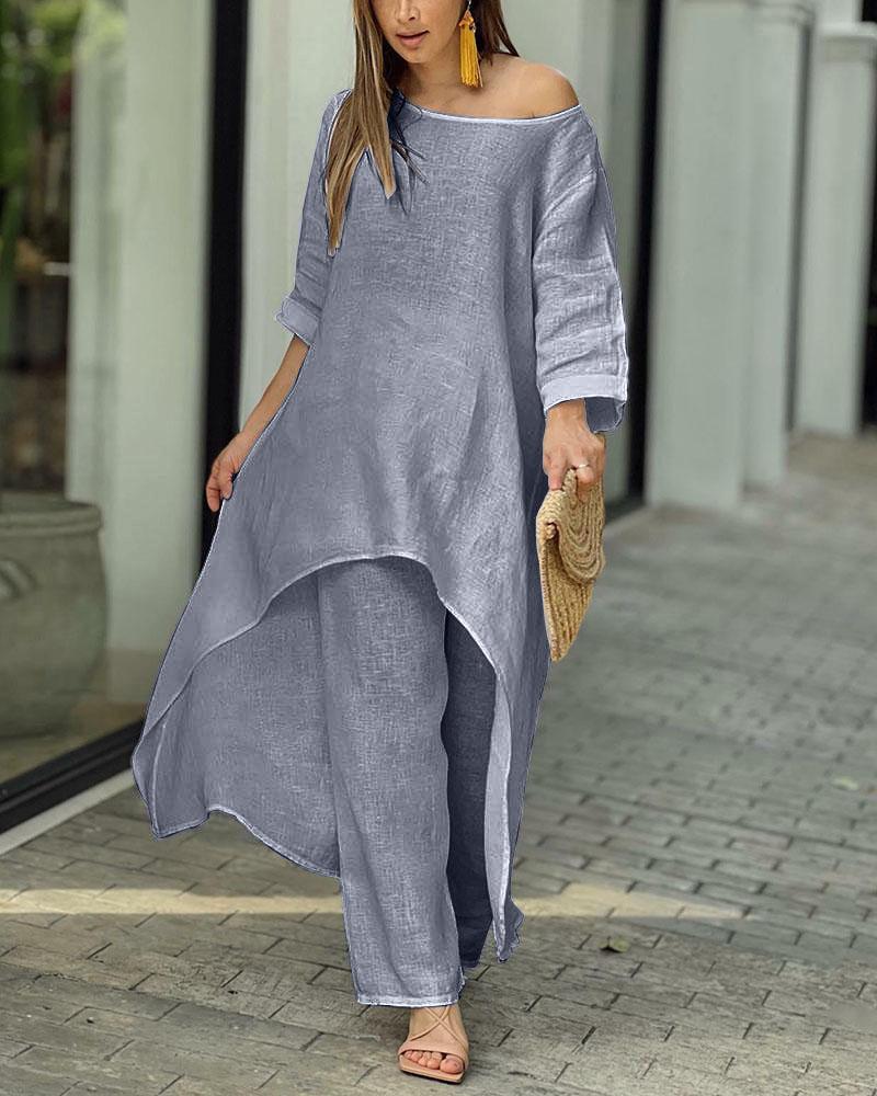 Women Clothing Cotton Linen Two Piece Pant Set Casual Loose Irregular Long Sleeve Summer Fall Wide Leg Sets Vetement Zara Femme