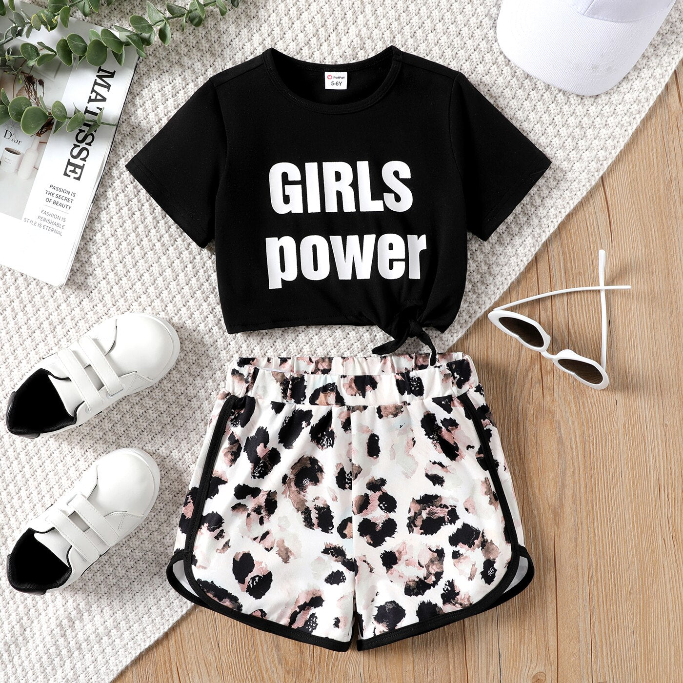 PatPat 2pcs Kid Girl Letter Print Tie Knot Short-sleeve Tee and Leopard Print Shorts Set