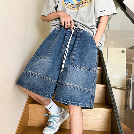 2023 Summer New High Street Casual Versatile Denim Capris Elastic Waist Men&#39;s Korean Style Loose Wide Leg Large Pocket Shorts