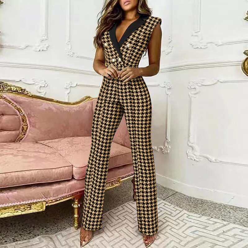 2022 Summer Red Jumpsuits Women Elegant Office Ladies Button Rompers Fashion Houndstooth Print Casual Wide Leg Pants Playsuits