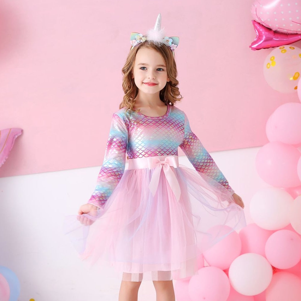 VIKITA Kids Tutu Dress for Girls Long Sleeve Party Prom Vestidos Toddlers Mermaid Unicorn Dresses Kids Princess Autumn Dress