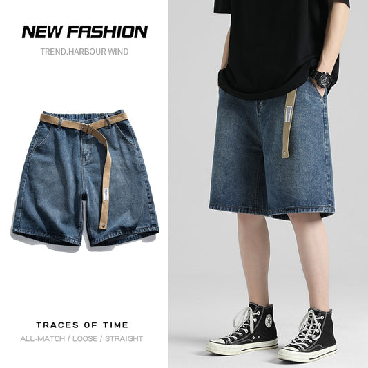 2023 Summer Men&#39;s Loose Denim Shorts Fashion Belt Street Boy Casual Baggy Five-point Pants All-match Casual Shorts