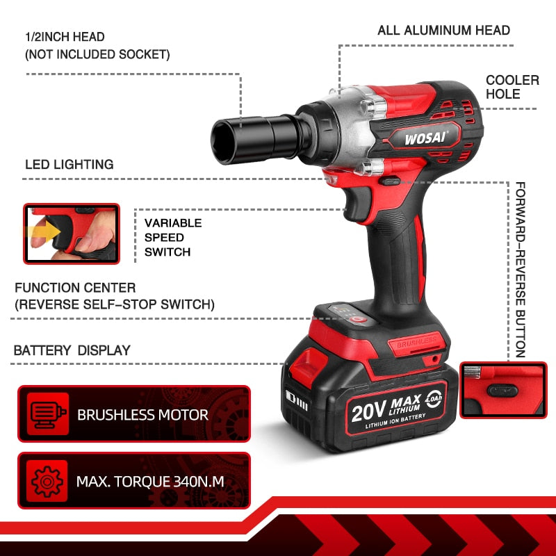 WOSAI MT-Series 340N.m Electric Impact Wrench 20V Brushless Wrench Socket Li-ion Battery Hand Drill Installation Power Tools