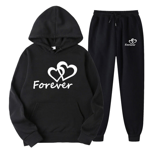 Fashion Men and Women Unisex Couple Sportwear Set Lover Forever Together Printed Hooded Suits Set Hoodie and Pants Streetwear