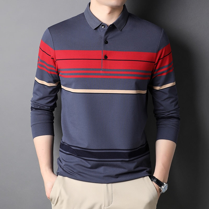 Top Grade New Fashion Designer Brand Simple Mens Polo Shirt Trendy With Long Sleave Stripped Casual Tops Men Clothes