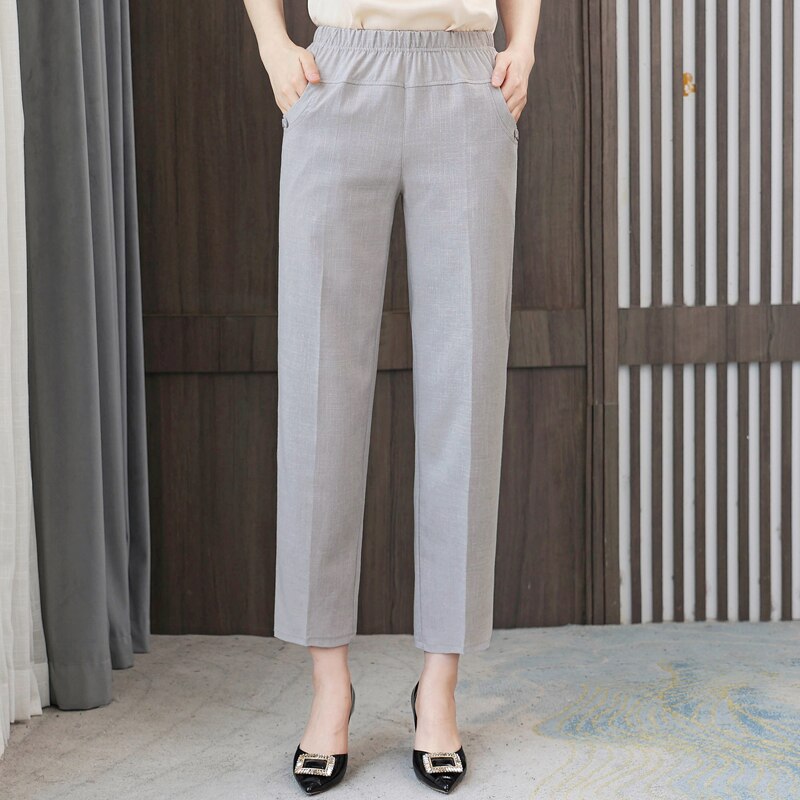 Summer Cotton Linen Pants for Women Bottoms 2023 New Elegant Classic Elastic Waist Harem Pants Woman High Waisted Trousers