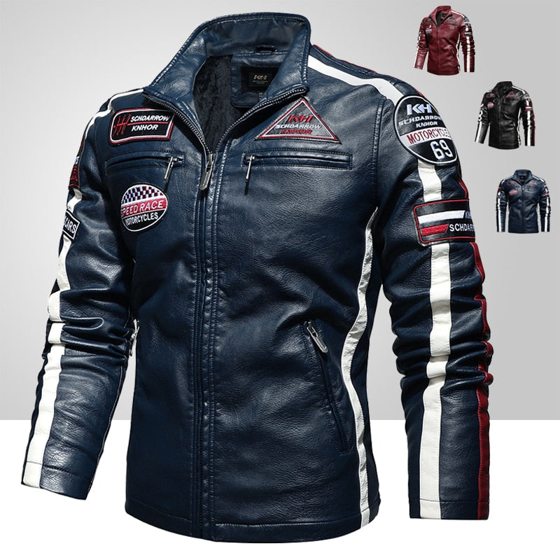 Mens Vintage Motorcycle Jacket 2021 Men Fashion New Biker Leather Jacket Male Embroidery Bomber Coat Winter Fleece Pu Overcoat