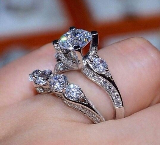 Dazzling Silver Color Cubic Zirconia Rings Set Bridal Wedding Engagement Fine Jewelry Gifts Size 6 7 8 9 10