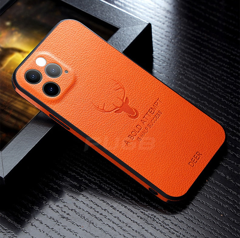 Luxury Leather Texture Square Frame Case For iPhone 11 12 13 14 Pro Max Mini X XR XS Deer Lens Protection Shockproof Hard Cover